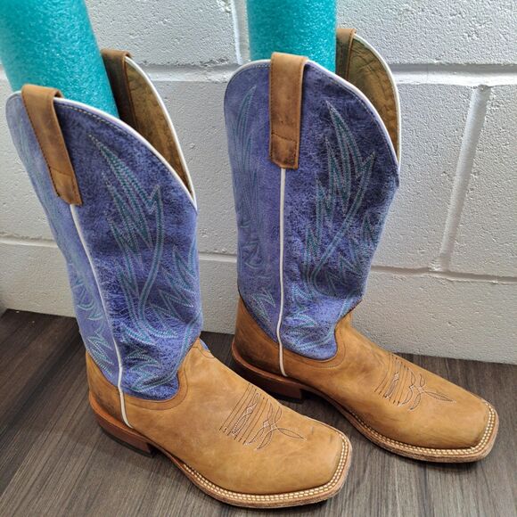 Horsepower Boots Shoes - Hp Square Toe Western Boots. Women Brown & Blue Leather Cowboys Boot Size 8.5 D